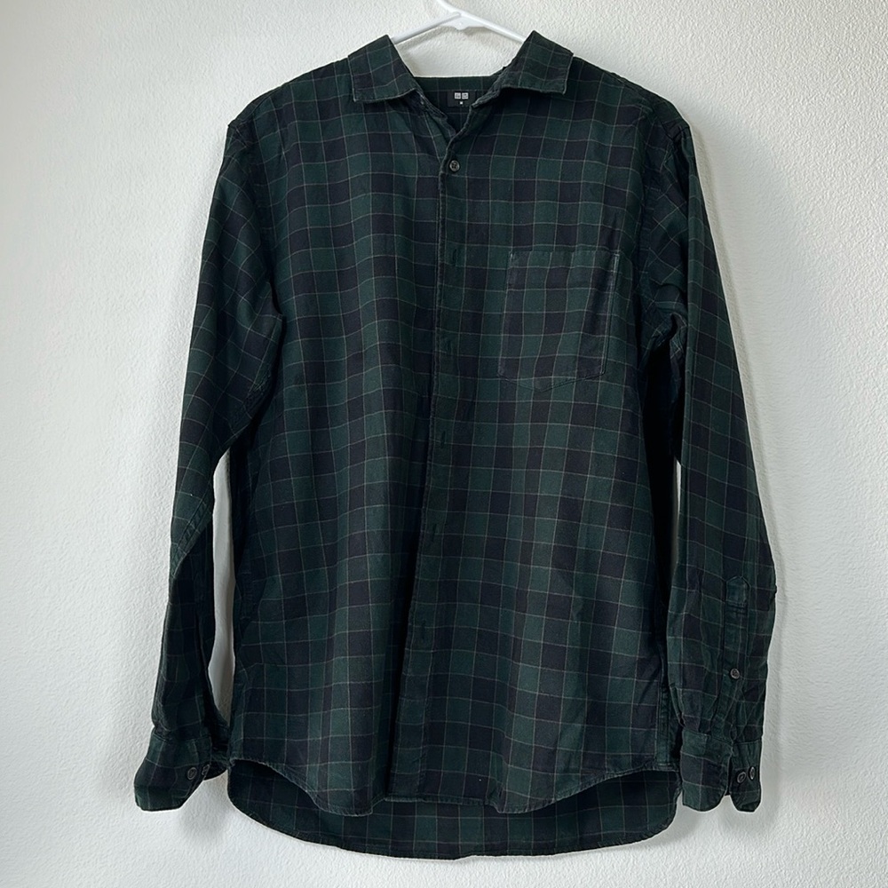 Uniqlo Flannel Shirt, Green/Black Check, Size M
